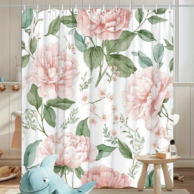 1pc Pink Peony Delicate Flowers and Green Leaves Watercolor Shower Curtain Polyester Fabric Machine Washable Bathroom Decor