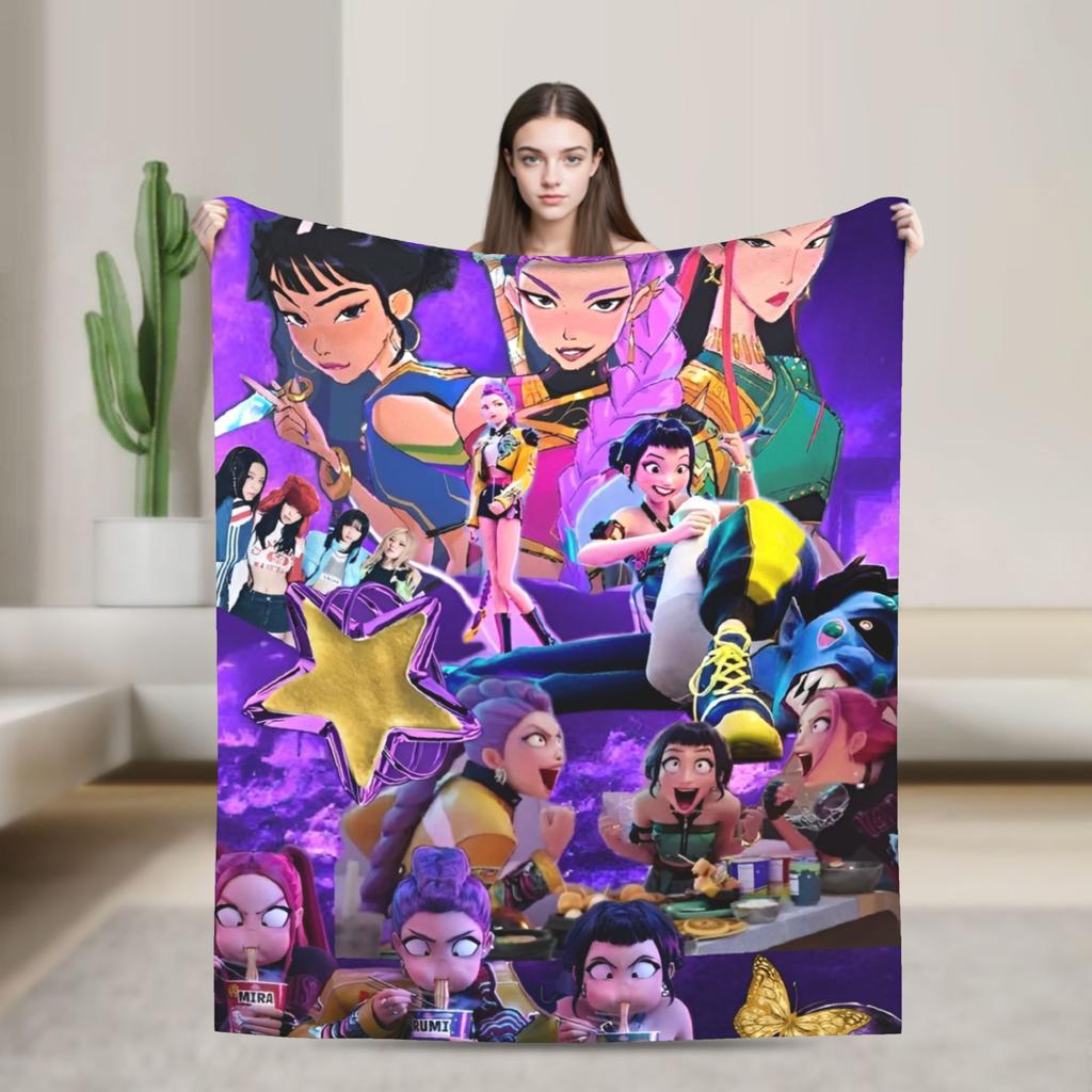 Kpop Demons Huntrix Hunters Flannel Blankets Rumi Mira Joey Creative Throw Blanket for Bedspread 125*100cm Rug Piece Soft