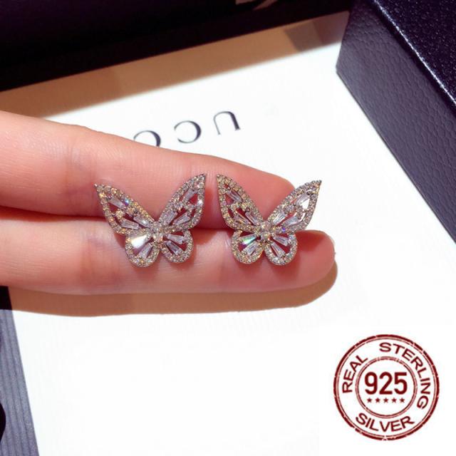 Silver Tone Full Zircon Stone Butterfly Earrings Female Temperament Korean Personality Minimalist Minimalist Wild Net Red Earrings Tremella