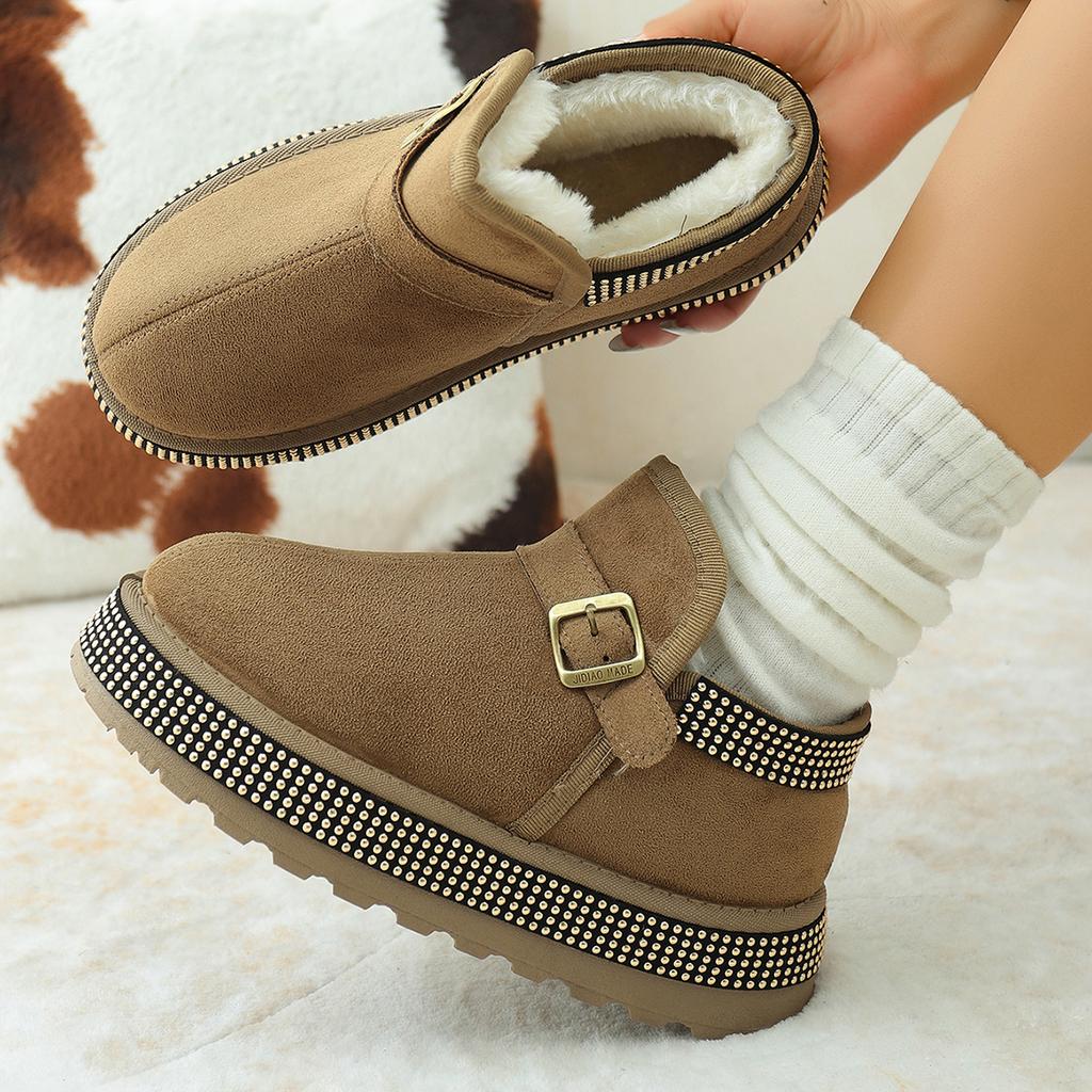 Women Boots 2025 New Sexy Thick Bottom Ankle Boots Metal Rivet Decoration Furry Snow Boots Women Warm Short Plush Slip On Shoes
