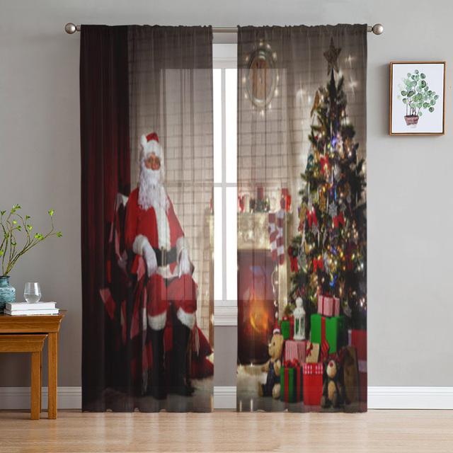 

Рождественский камин, рождественские носки, тюлевые шторы для украшения гостиной, современные шифоновые прозрачные вуали, рождественские шторы 135W x 114H(cm)