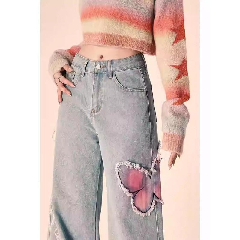 Womens High-Waisted Wide Leg Straight Cut Denim Jeans With Color-Block Patchwork Design Winter
