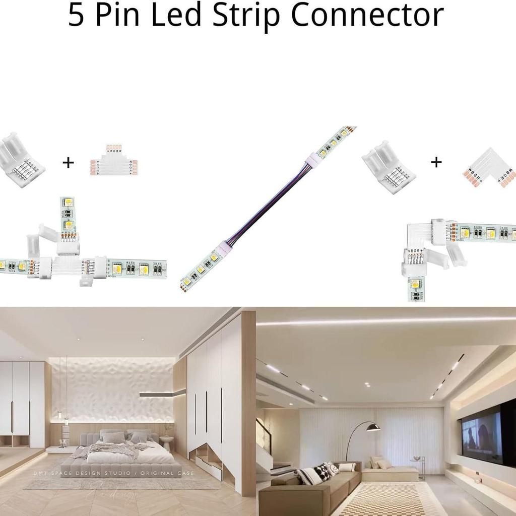 25-Pack 5-Pin 10mm RGBW LED Strip Connector Kit: Solderless L-Type & T-Type Adapters