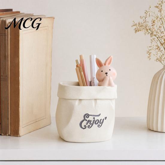 Pen Holder Wrinkled Paper Bag with Animal Decor, Resin Desk Cup Organizer & Succulents Planter, Cute Stationery Gift for Students Office Soft