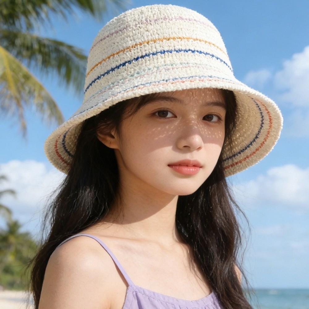 Color-Blocked Striped Knitted Hollow Fisherman Hat Vintage Style Bucket Sun Hat  Beach