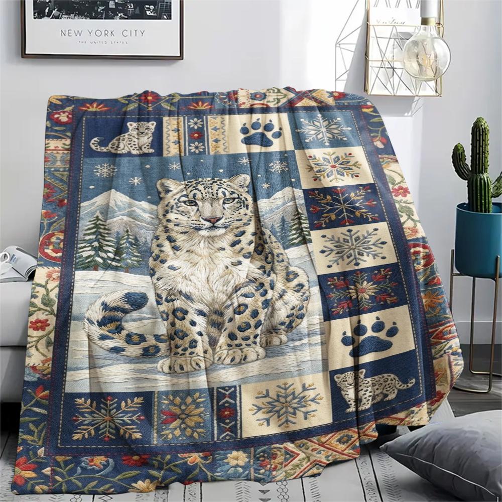 Snow Leopard Animal Print Flannel Blanket, High Quality Comfortable for All Seasons, Home Decor, Warmth and Comfort, Perfect for Christmas Gifts124