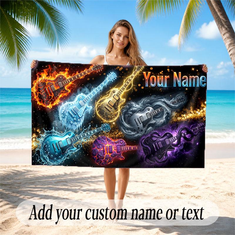 Music Guitar Theme Beach Towel Personalized Custom Name & Text Soft Quick Dry Beach Towel for Swimming Travel