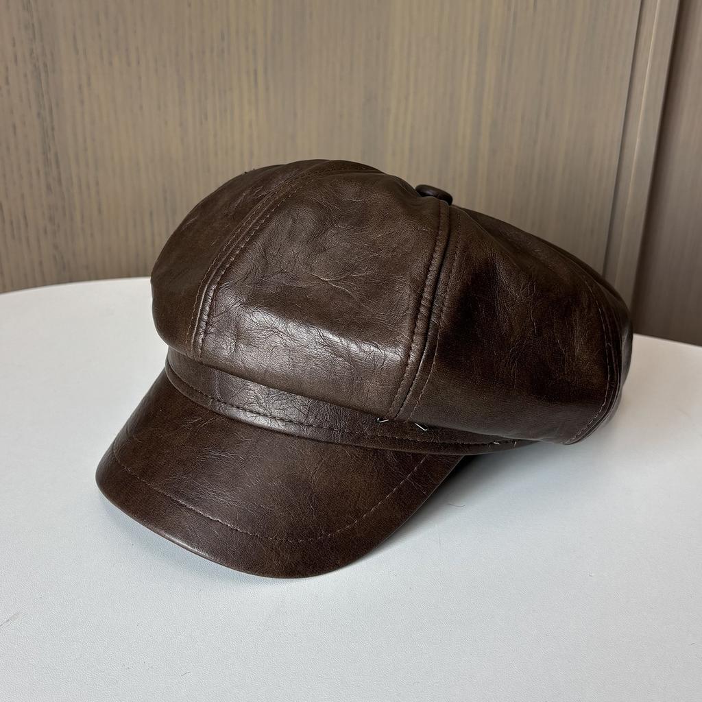 British Retro Pu Leather Brim Small Standard Octagonal Hat Women'S Temperament Versatile Cap Showing Face Small Newsboy Hat