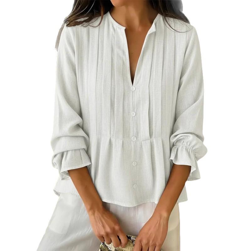 2026 European & American Women's V-neck Striped Long Sleeve Casual Shirt for Spring/Summer