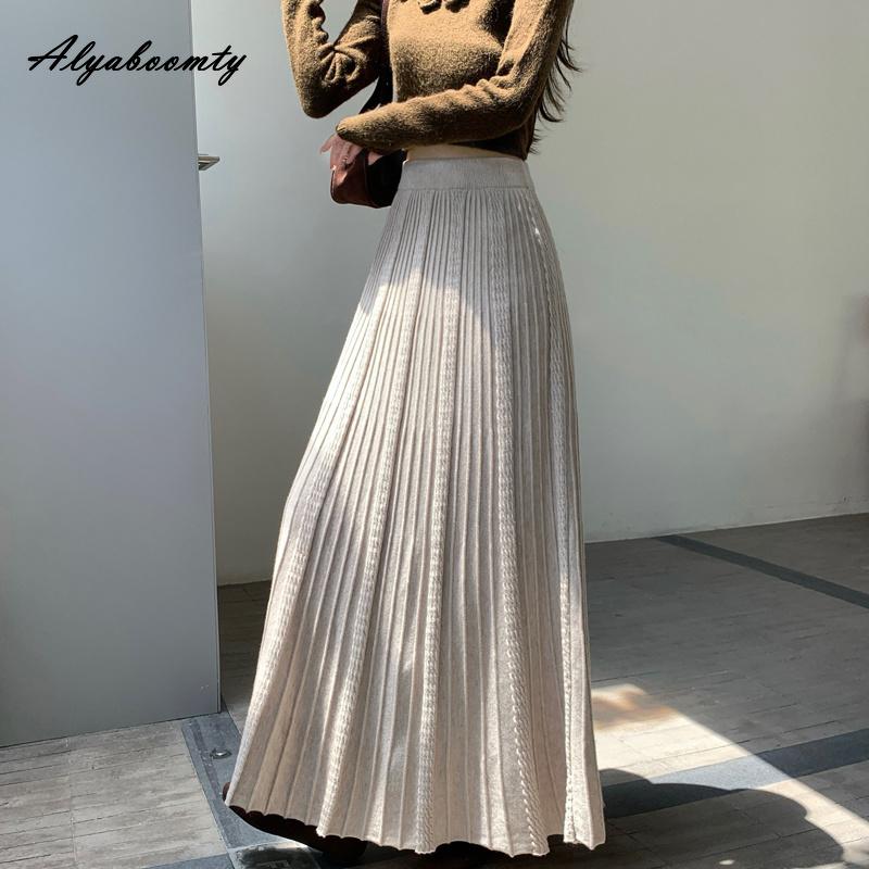 Autumn Winter Women Maxi Long Knitted Skirt High Waist Solid Knitting Pleated Skirt Elegant Feminine Ladies' Fairy Warm Skirt