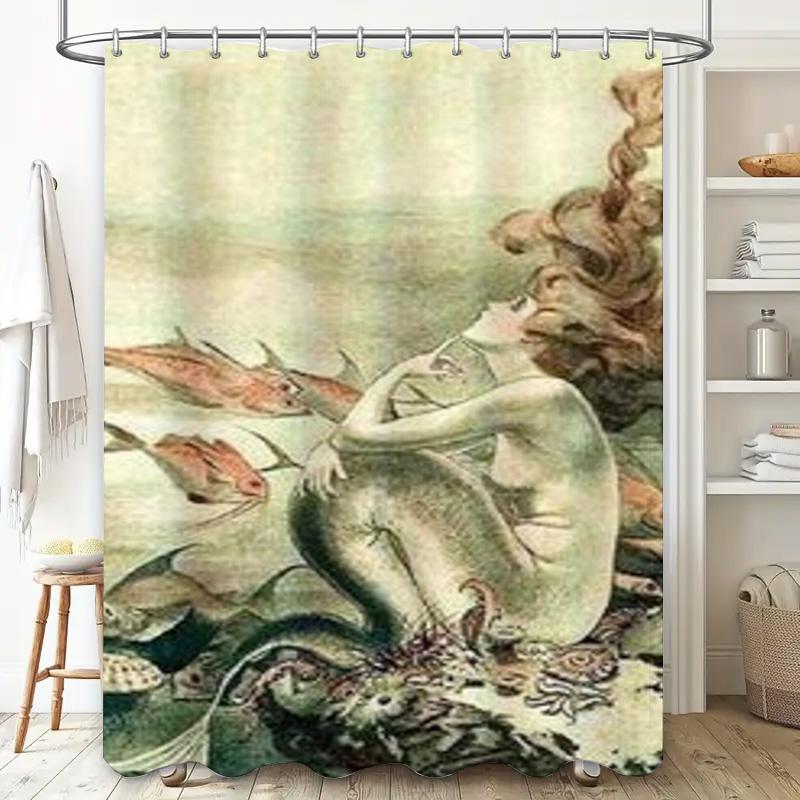 Vintage Mermaid Shower Curtain with Fish Design Waterproof Fabric Decor for Bathroom
