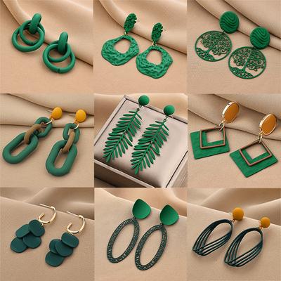 Fashion Green Earring Geometric Hollow Circle Square Drop Earrings Metal Dangle Earrings Women Jewelry