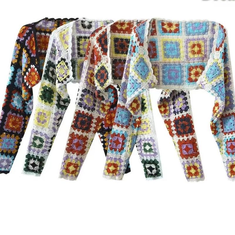 Vintage Colourful Hollow Out Long-sleeved Outer Knitted Cardigan Women's Autumn Cardigan Short Chic Tops