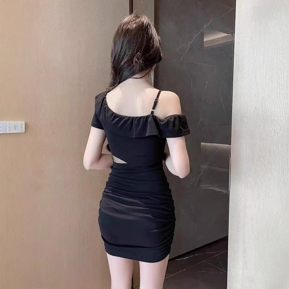 Feminine Slanted Shoulders, Waist Exposed, Sexy Dress, All Kinds of Style, Ruffle Leaf Edge Scheming, Off-shoulder Tight, Hip-wrapped Skirt, Summer