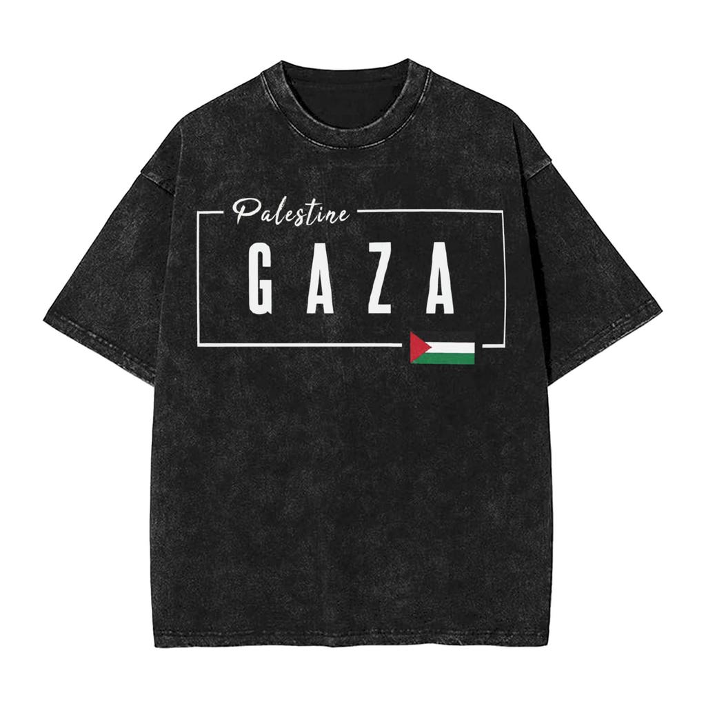 Funny Gaza Palestine Flag T-Shirt Men Round Neck Cotton Washed T Shirt  Short Sleeve Tees Party Clothing