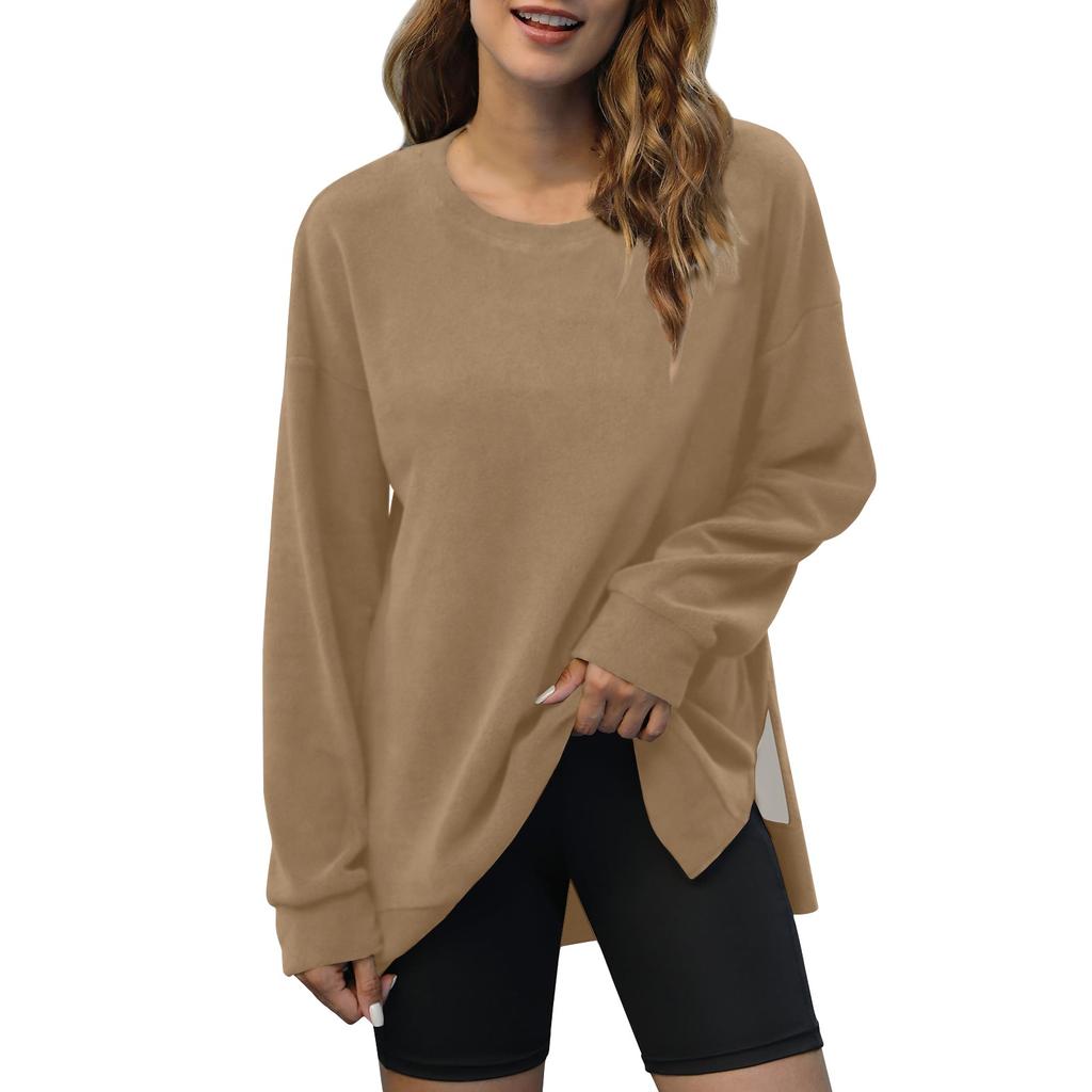 Women's Fashion Solid Color V-Neck Side Split Round Neck Pullover Long Sleeve Top Sweatshirt