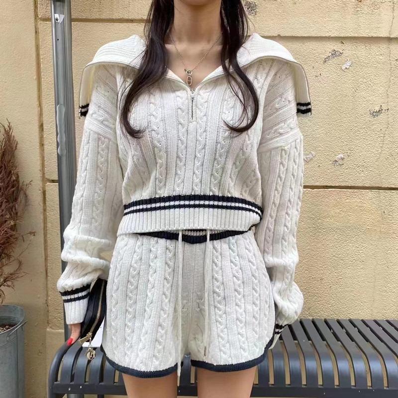 Fashion Knit Women Short Sweater Straight Leg Shorts Autumn Winter Elegant Turn-down Collar Casual Loose Two-piece Set High Waiste Long Sleeve Outfits