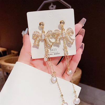 925 Silver Needle Full Rhinestone Bow Tassel Earrings Niche High Sense Earrings Fashion Exaggerated Pearl Earrings