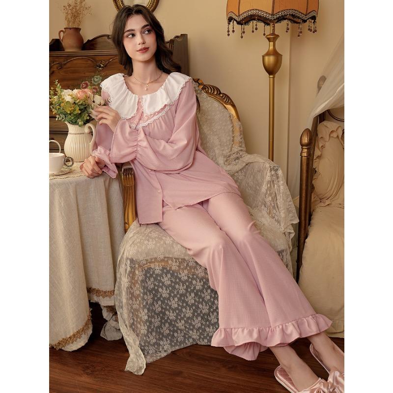 Women Korean Court Style Lace Trim Long Sleeve Loose Pajama Homewear Set