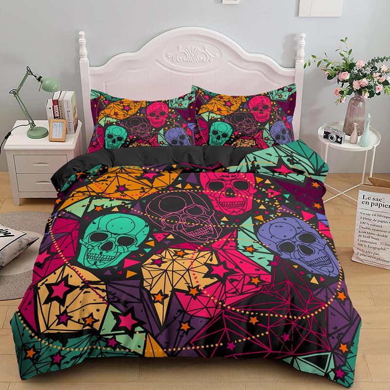 Skull Duvet Cover King, Halloween Comforter Cover,Gothic Fog Smoke Skull Skeleton Bedding Set,Grey Quilt Cover Room Decor 2/3pcs