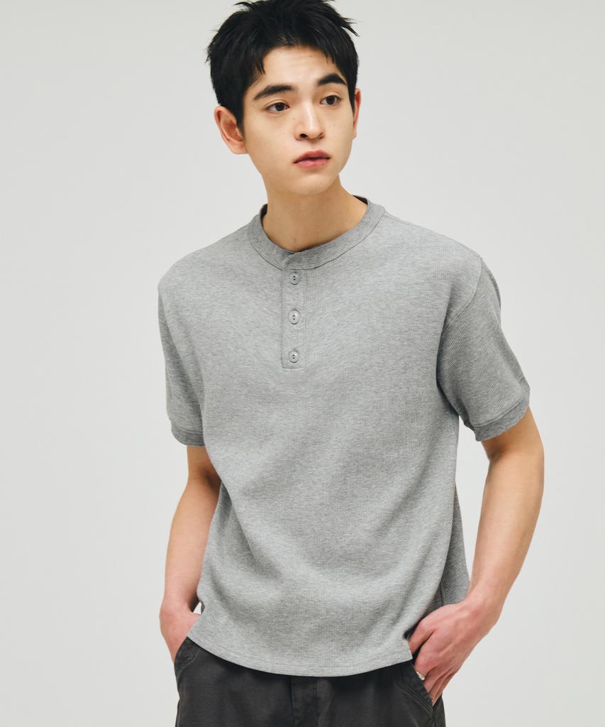 ECORR Waffle Henley Neck Crop Short Sleeve T-Shirt_Melange Gray