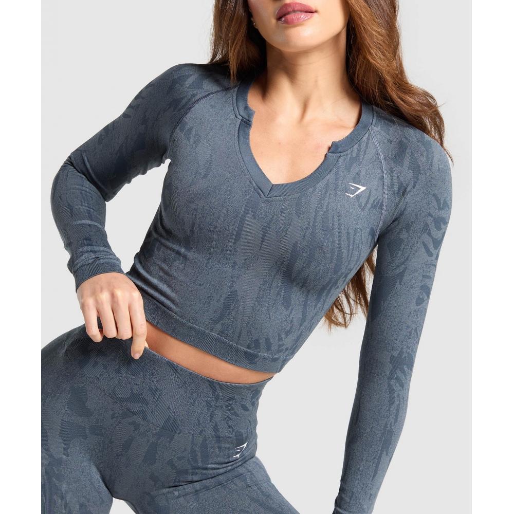 Gymshark Top cu Mânecă Lungă Fără Cusături Camuflaj Adapt Albastru Titan Gri Denim B3b2l Udcj