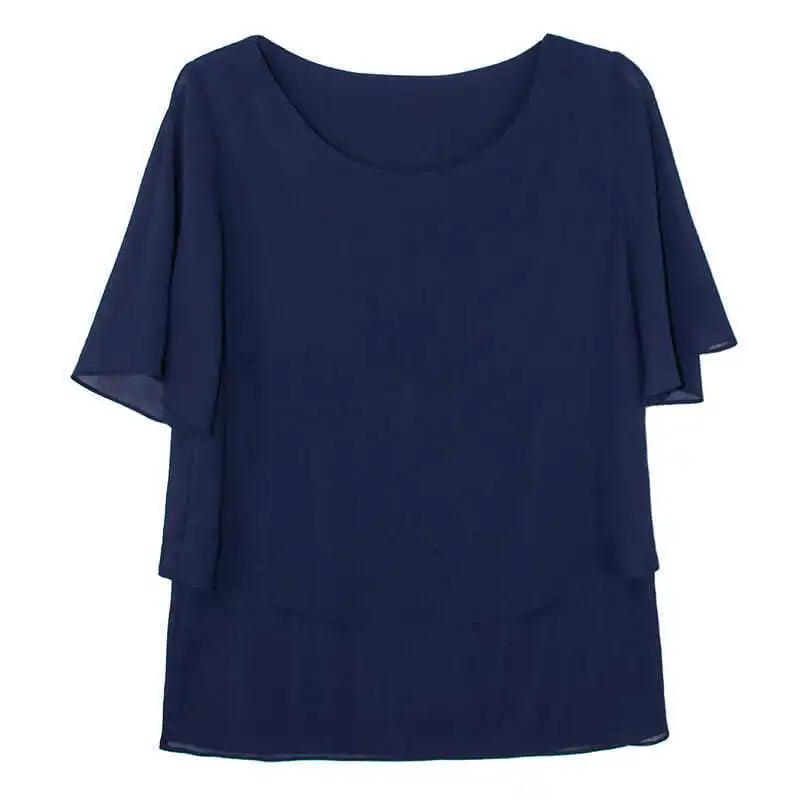 Women's Summer Short-Sleeve Cropped Chiffon Blouse Middle-Aged Mom's Round Neck Simple Elegant Top