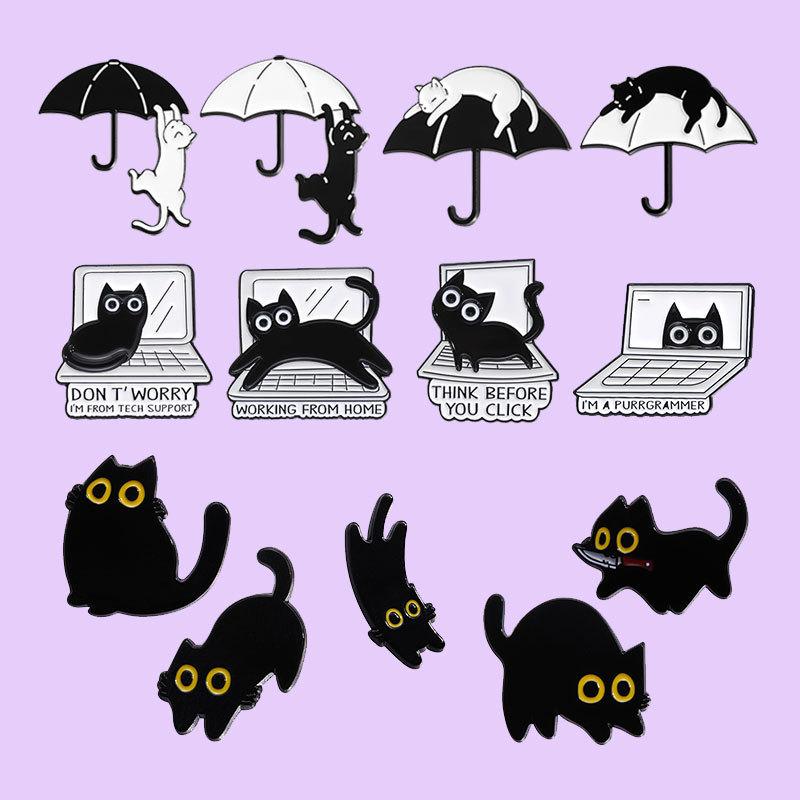 Cartoon Black Kitten Brooch Set: Cute Animal Accessory Collection