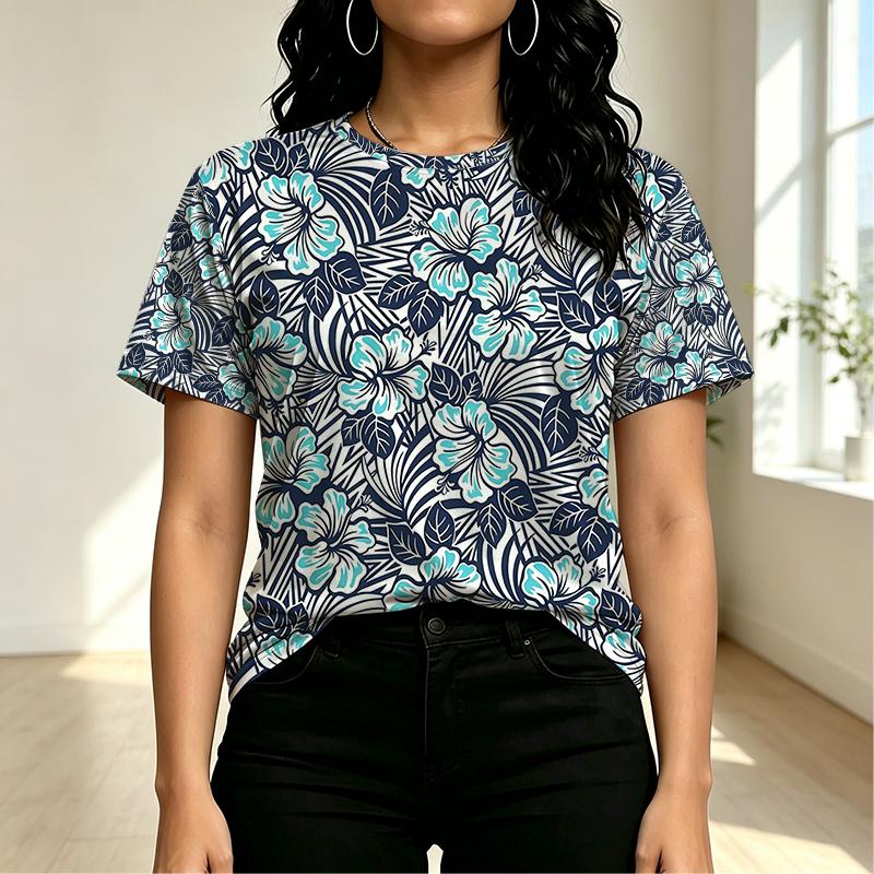 Women's Minimalist Short Sleeve Crew Neck T-Shirt Floral Print Soft Comfortable Top, Versatile for Daily & Casual Home Wear
