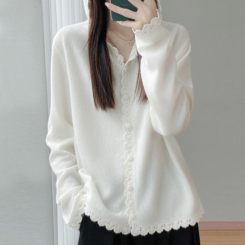 Women's 2025 Wool Knit Lace Button-Up Hooded Cardigan - Solid, Loose, Versatile Base Layer