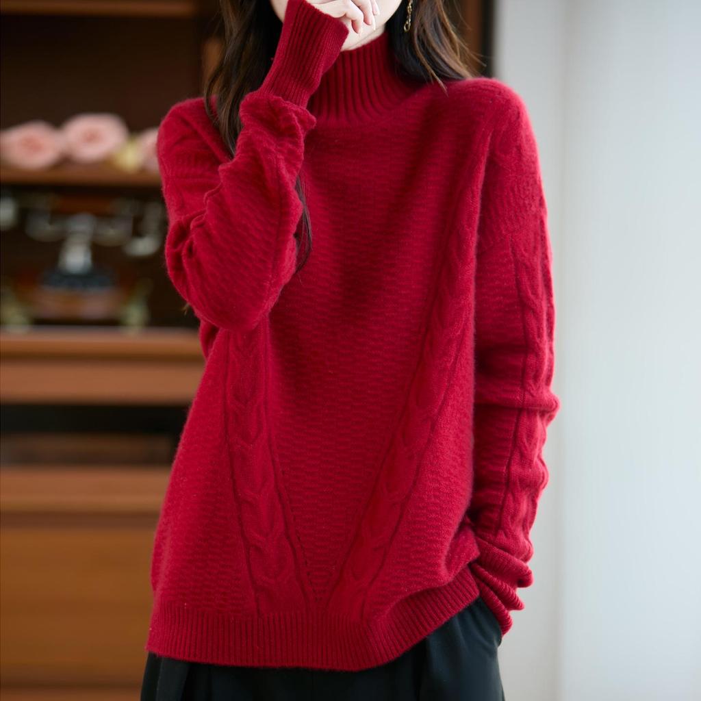 Women's 100% Pure Wool High Neck Cable Knit Sweater, Thickened Loose Fit, Autumn/Winter 2026 Style.