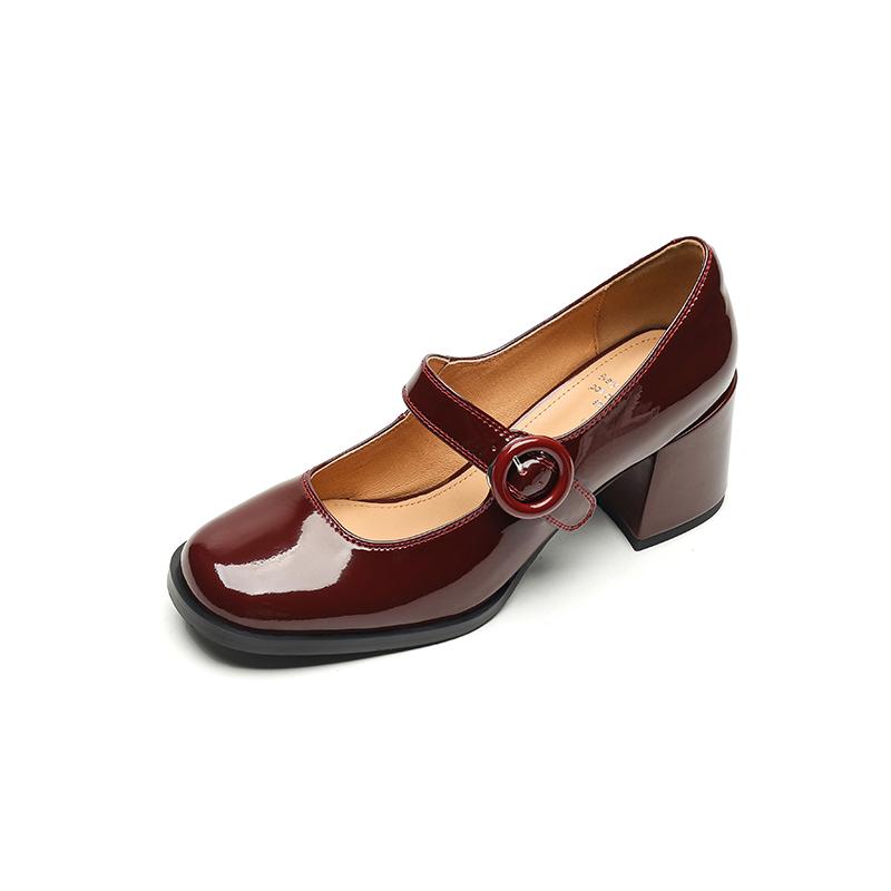 Dámské lodičky Silné podpatky Jaro Lakovaná kůže Mary Janes Pravá kůže Kulatá špička Řemínek s přezkou Retro Boty pro úřednice Žena