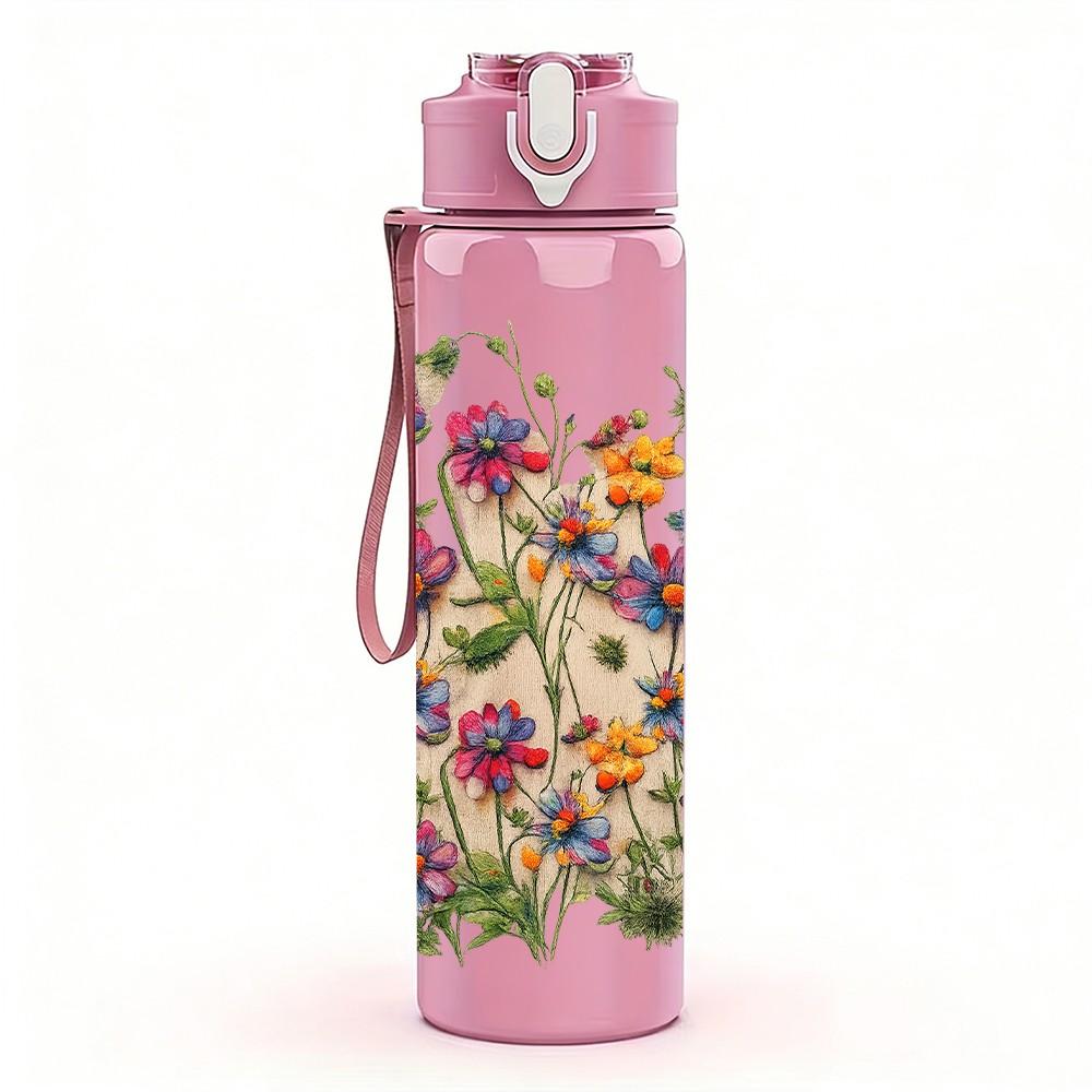 1PC Wild Mixed Garden Flower Bouquet Print 750ml Color Plastic Sports Water Bottle Leakproof Flip Straw Lid Suitable for Sports Office Home Use