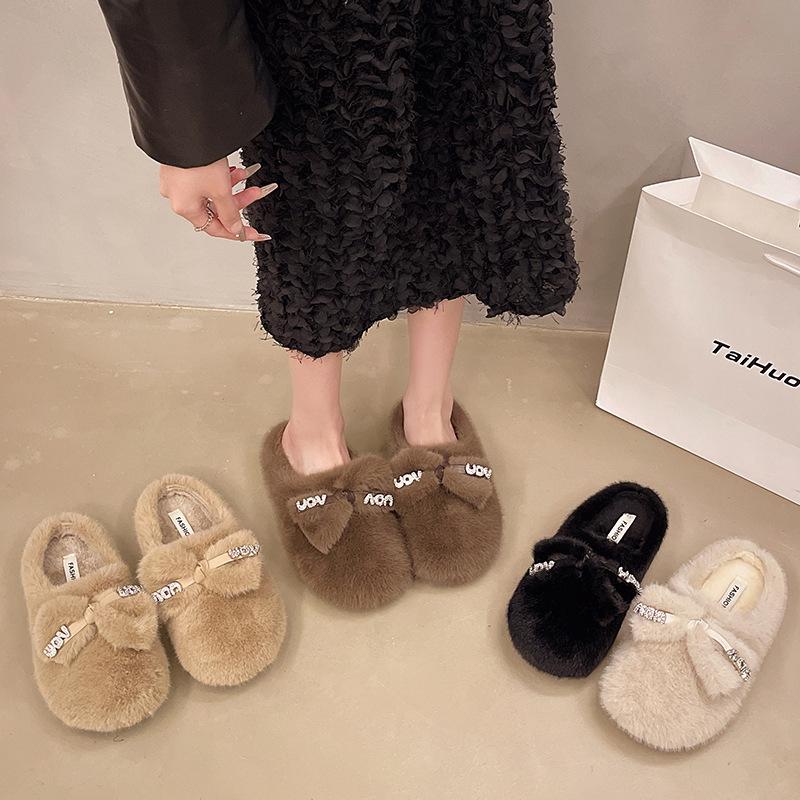 Baotou Half-towed Fluffy Slippers for Women's Outer Wear 2025 Autumn and Winter New Beautiful Super-fire Plush Flat-bottomed Warm Cotton Slippers