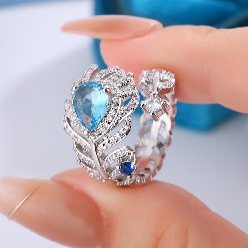 

Women s 925 Silver Plated Feather Teardrop Blue Zircon Open Adjustable Ring | Birthday Anniversary Jewelry Gift Idea