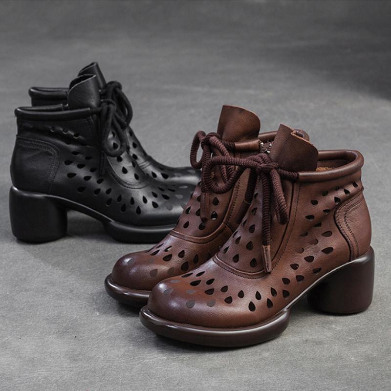 Johnature Retro Breathable Hollow-out Boots Sandals Genuine Leather Fashion High Heels Women's Shoes