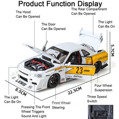 1:24 Scale GTR-S15 GTR-R34 Sports Car Model Toy Wheel Steering Doors Opened High Simulation Vehicle Models Collectible Item