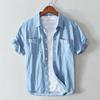Summer Classical Denim Short Sleeve Shirts for Men Youth Daily Casual Pure Cotton Turn Down Collar Blue Jeans Shirt with Double Pockets