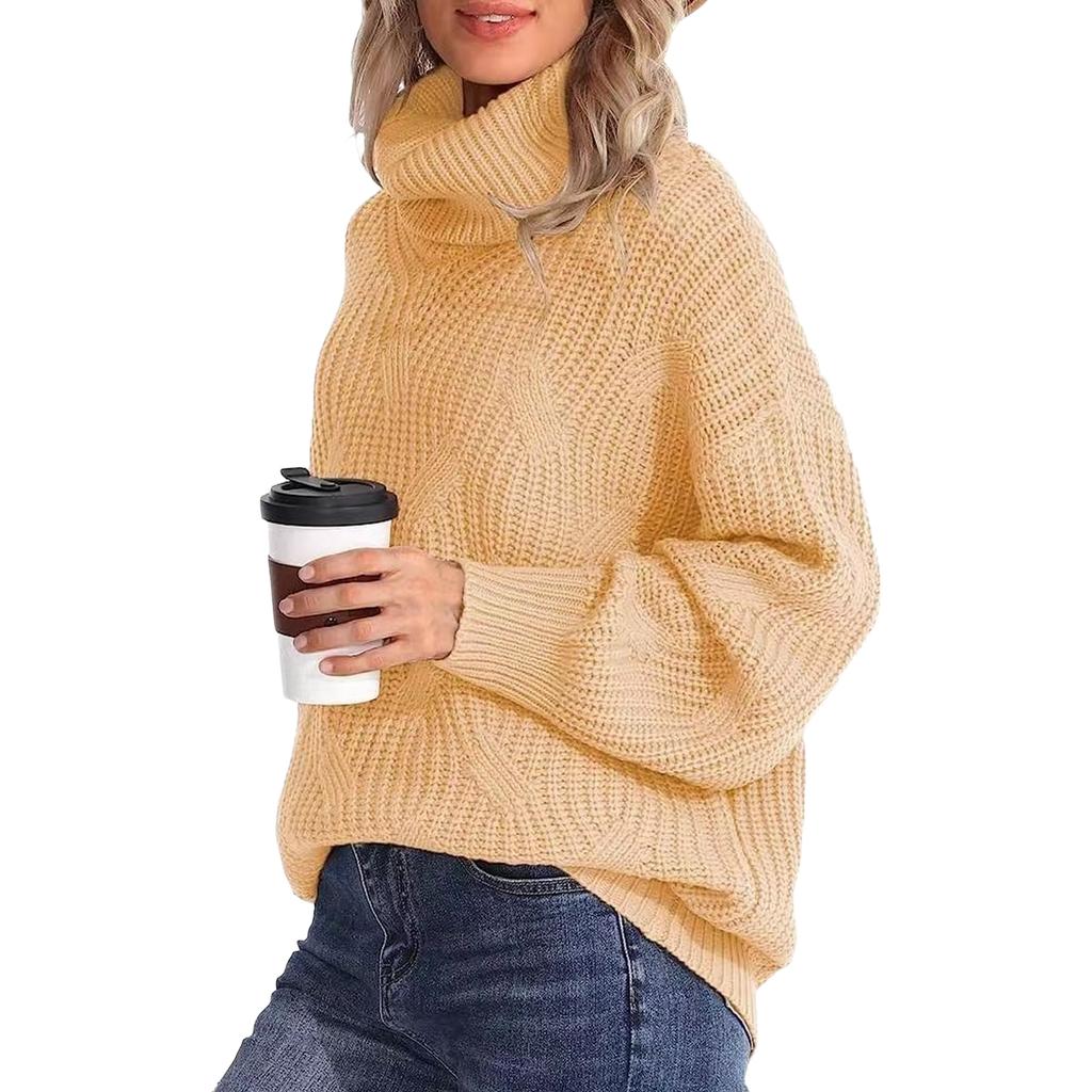 Women's Loose Fit Cable Knit Turtleneck Pullover Sweater