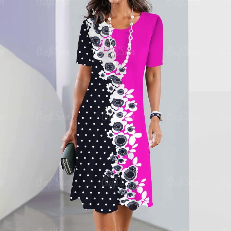 Neue Vintage Damenkleider mit Blumen-Patchwork-Print, elegantes, lässiges Kurzarmkleid Y2k, lockeres, übergroßes Modekleid 2023