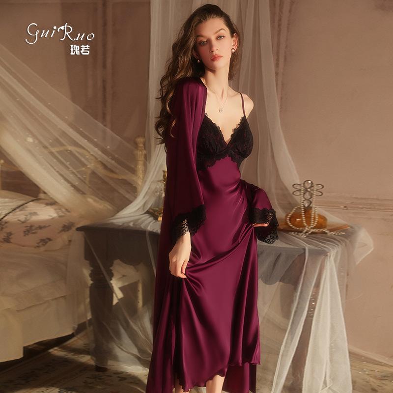 Women's Silky Padded Sleep Dress with Robe Lounge Pajama Set