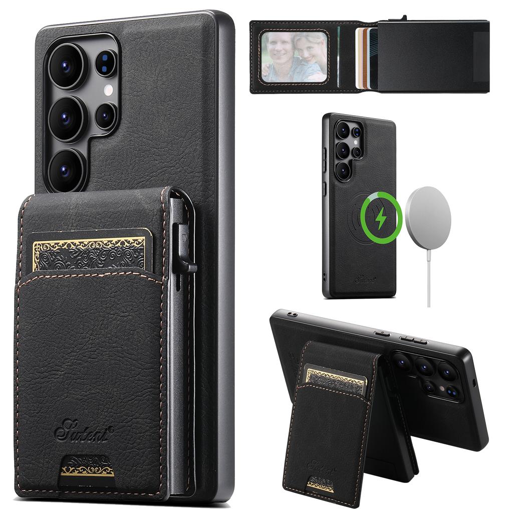 SUTENI H19 For Samsung Galaxy S24 Ultra Magnetic Case Card Holder Kickstand Litchi Texture Leather Back Cover