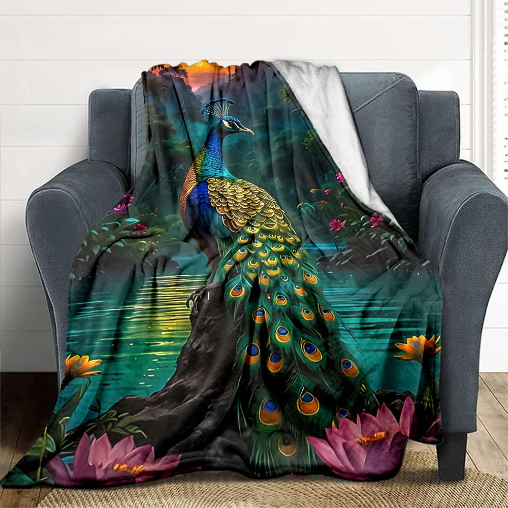 1pc Peacock Nature Scene Blanket, Lightweight Flannel Throw For Sofa, Bed, Travel, Camping, Livingroom, Office, Couch, Chair, And Bed,