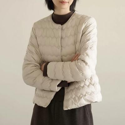 Women's White Goose Down Puffer Jacket - Lightweight Crew Neck, Trendy Short Coat for Autumn/Winter 2025