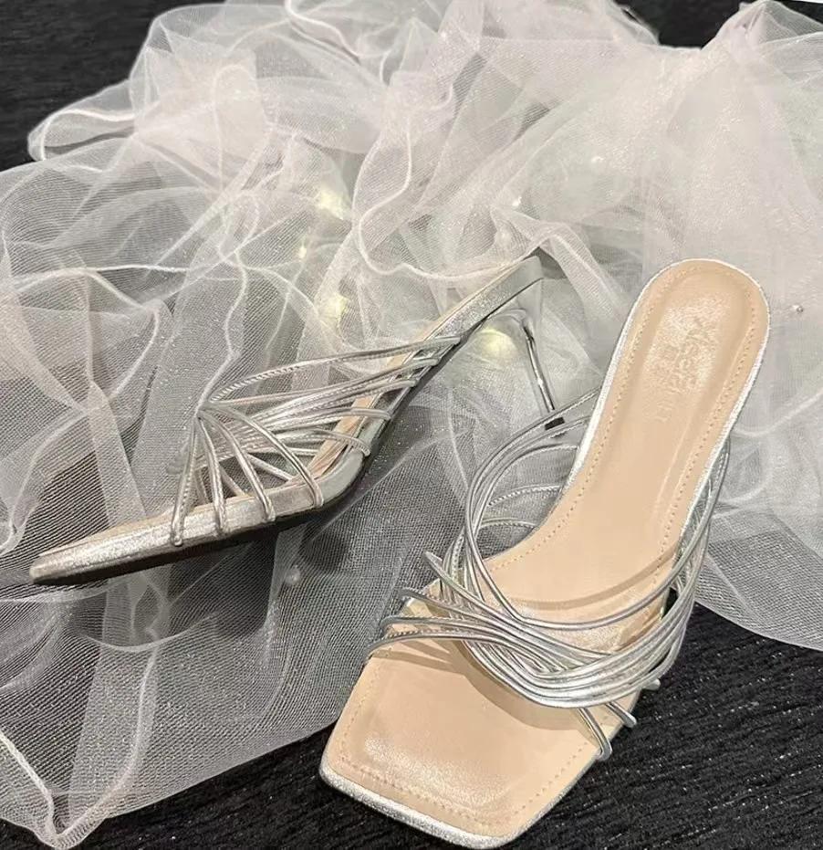 

2025 New Designer Thick Bottom Square-headed Crossed Stiletto Sandals and Slippers with Feminine Stiletto Roman Sandals 40