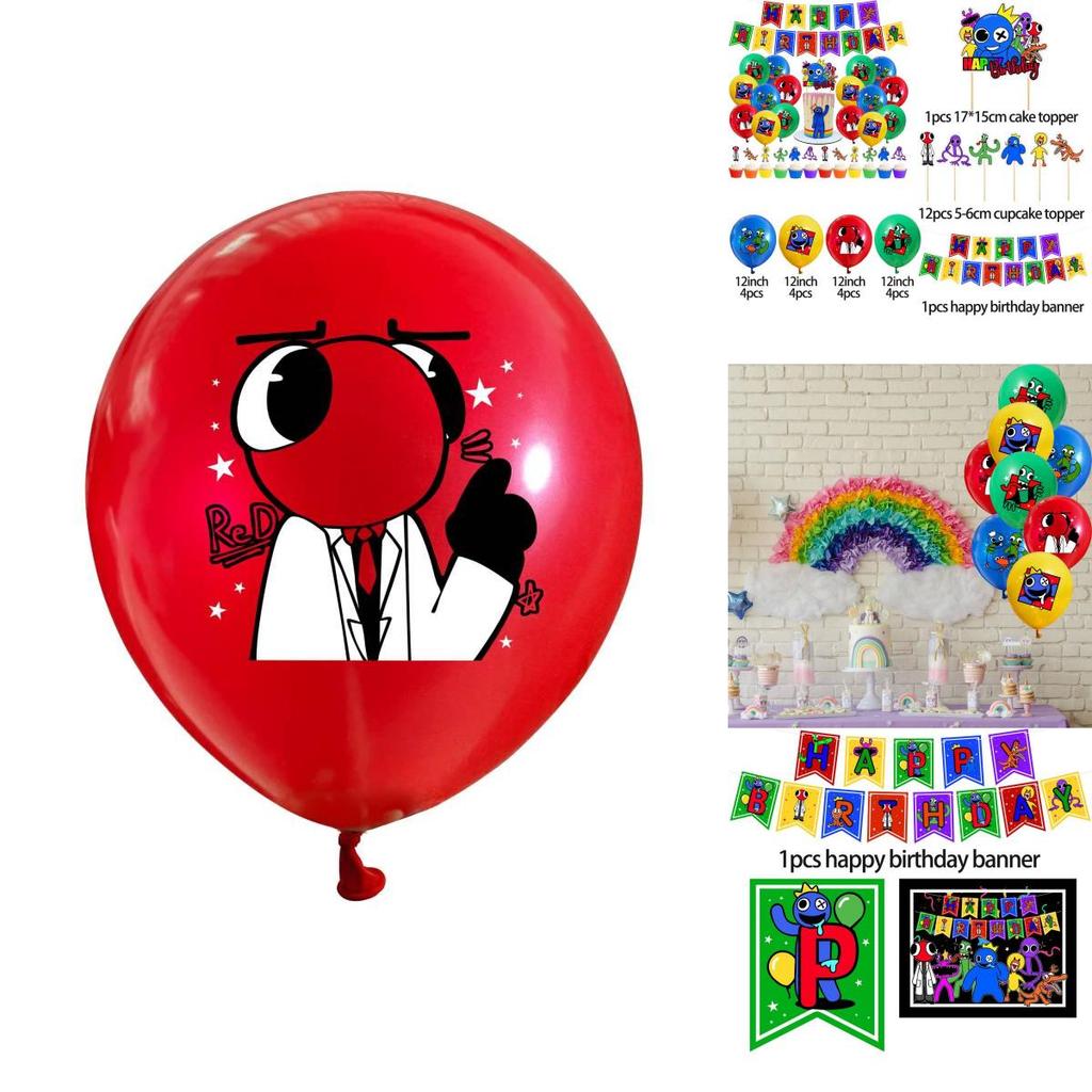 All-in-one Party Supplies Set Includes 26 Pieces Of The Rainbow Friends Theme Including Flags Big And Small Cake Toppers And Mixed Color Balloons.