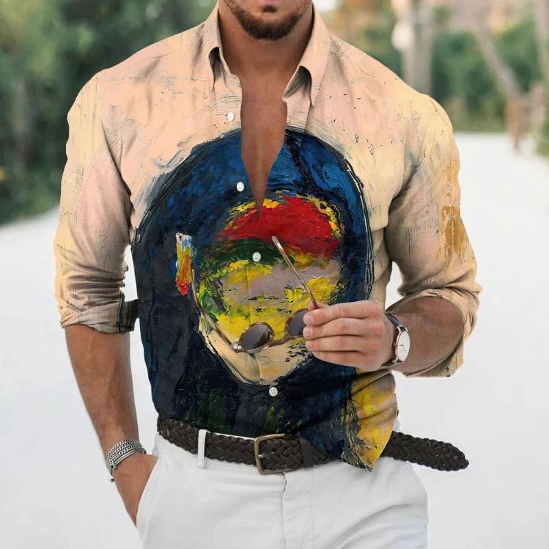 Fashion Long Sleeve Lapel Button Up Plus Size Shirt Men 3d Print Blouse