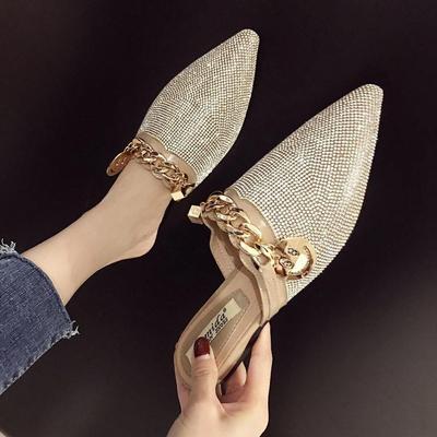 Slippers Female  Metal Chain Rhinestone Shiny Bling Flat Sandals Slip-on Evening Party Slides Shoes Silver Pumps 43  Mules