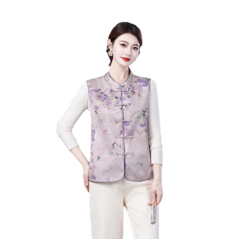 2026 New Traditional Chinese Style Spring Vest for Women - Loose Fit Cardigan for Mid-Aged & Elderly