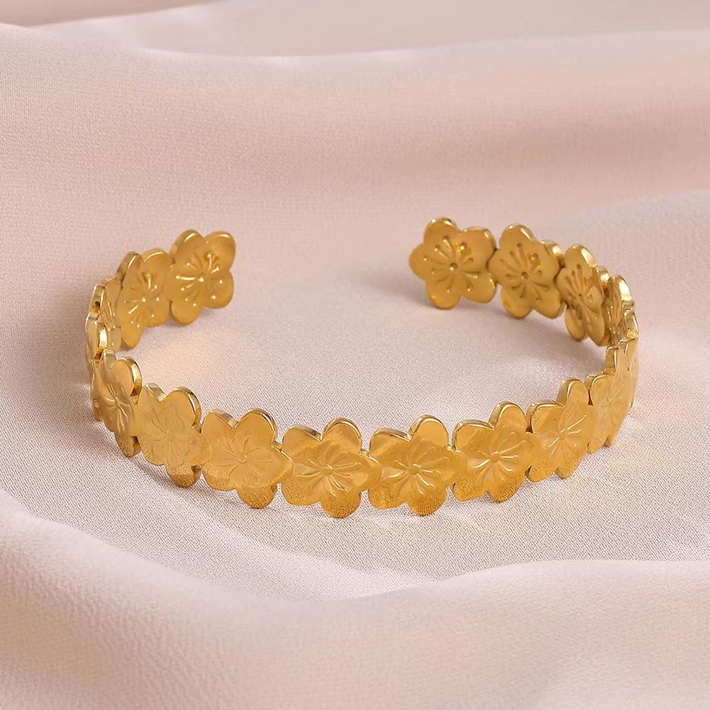 Gold Color Dainty Flowers Open Cuff Bangle Stainless Steel Bracelet For Women Wedding Party Vacation Jewelry Accessories Gifts